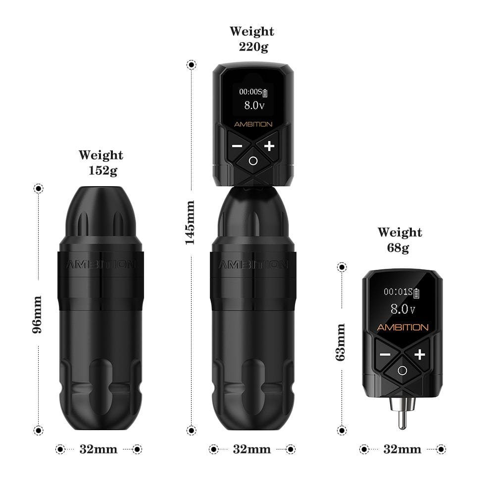 Ambition Shura Rotary Tattoo Machine with Kuark Wireless Tattoo Battery Kit