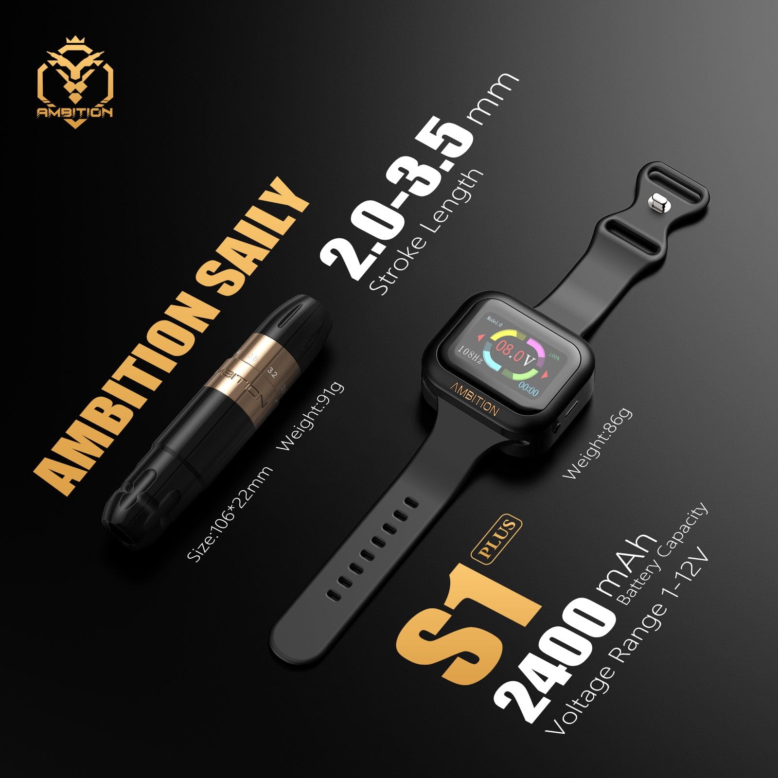 Ambition Sally Rotary Tattoo Machine Permanent Makeup Short Pen with 2400mAh Touch Screen Tattoo Battery