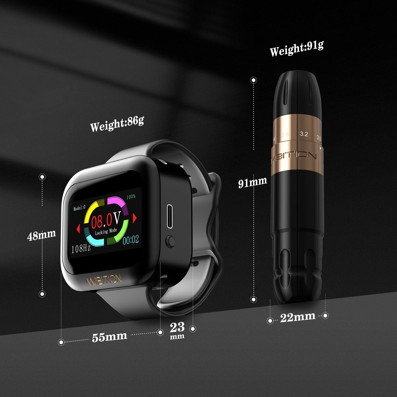 Ambition Sally Rotary Tattoo Machine Permanent Makeup Short Pen with 2400mAh Touch Screen Tattoo Battery