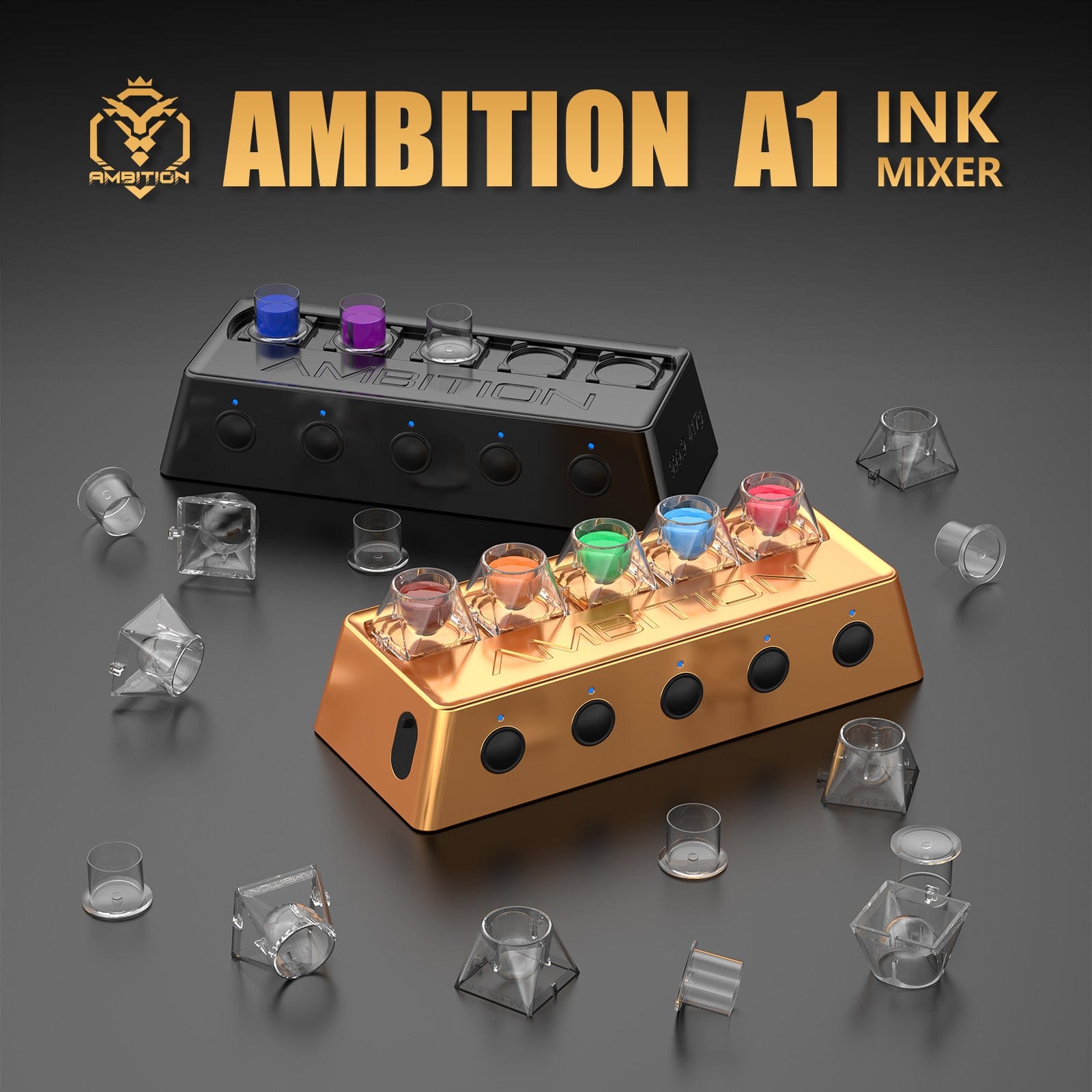Ambition A1 Tattoo Ink Mixer with 12 Color Cups, 200 Mixing Sticks 5 Independent switches 2400 mAh Power Supply