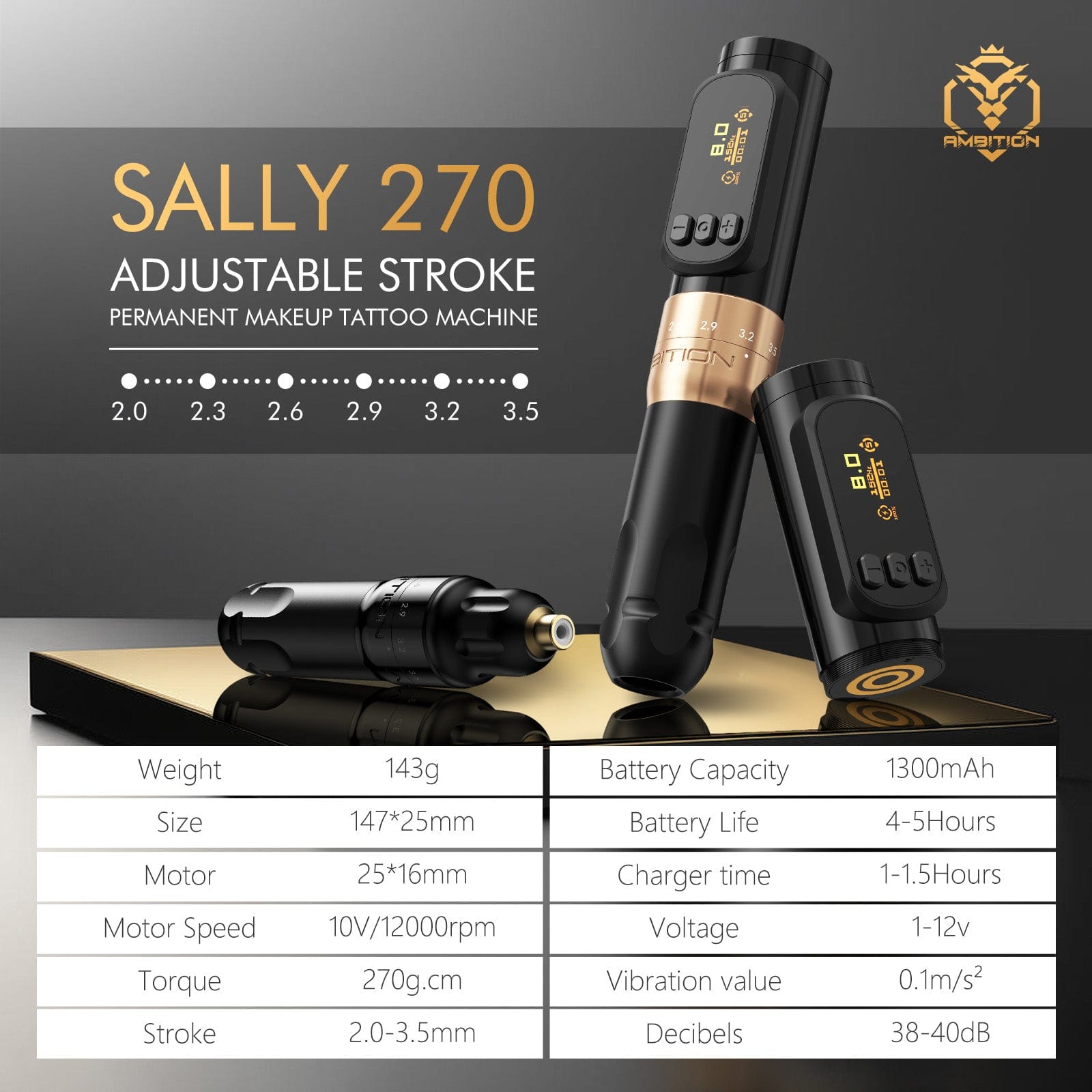 Máquina inalámbrica de maquillaje permanente Ambition Sally 270 con 6 longitudes de trazo