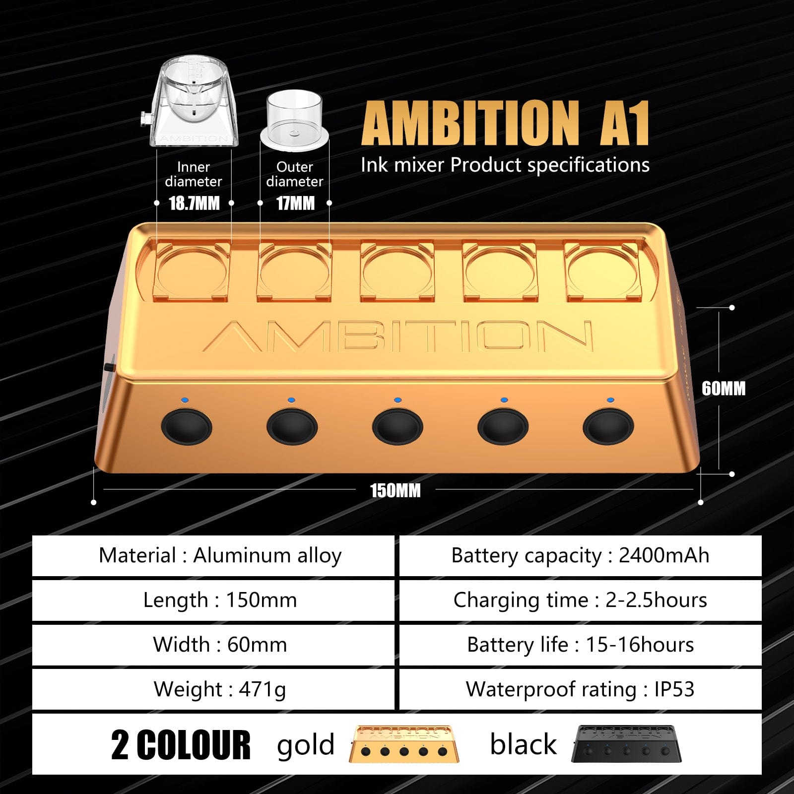 Ambition A1 Tattoo Ink Mixer with 12 Color Cups, 200 Mixing Sticks 5 Independent switches 2400 mAh Power Supply