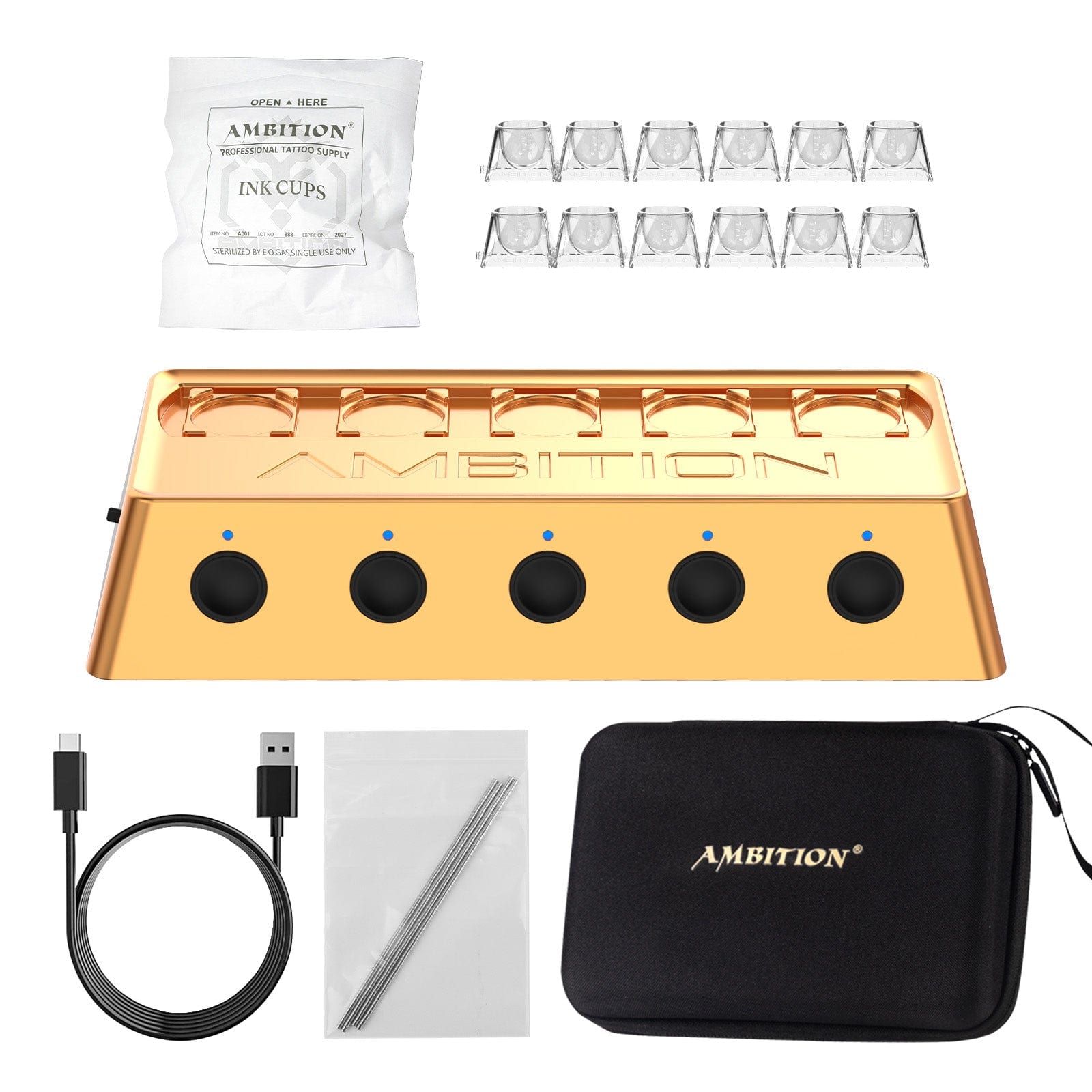 Ambition A1 Tattoo Ink Mixer with 12 Color Cups, 200 Mixing Sticks 5 Independent switches 2400 mAh Power Supply