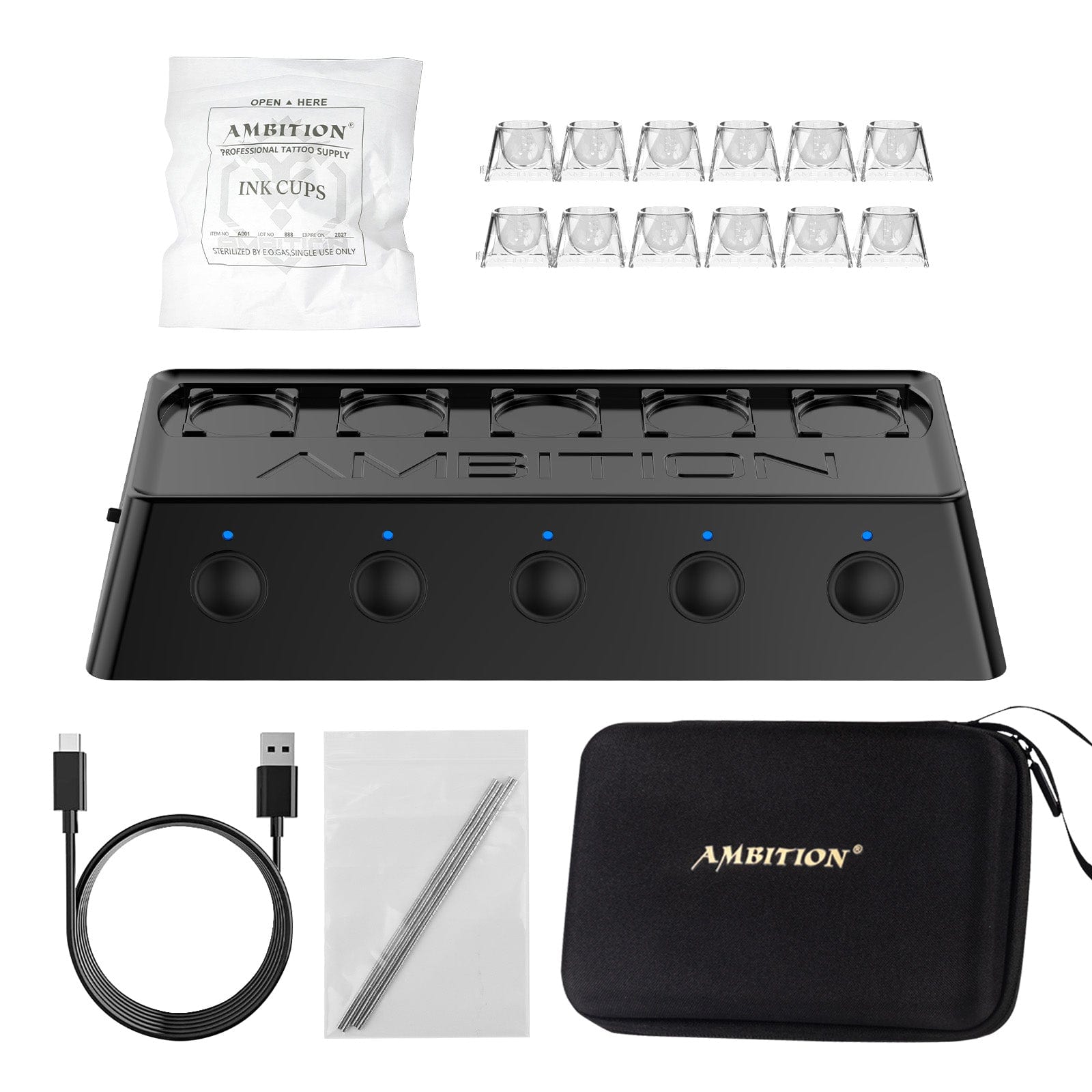 Ambition A1 Tattoo Ink Mixer with 12 Color Cups, 200 Mixing Sticks 5 Independent switches 2400 mAh Power Supply