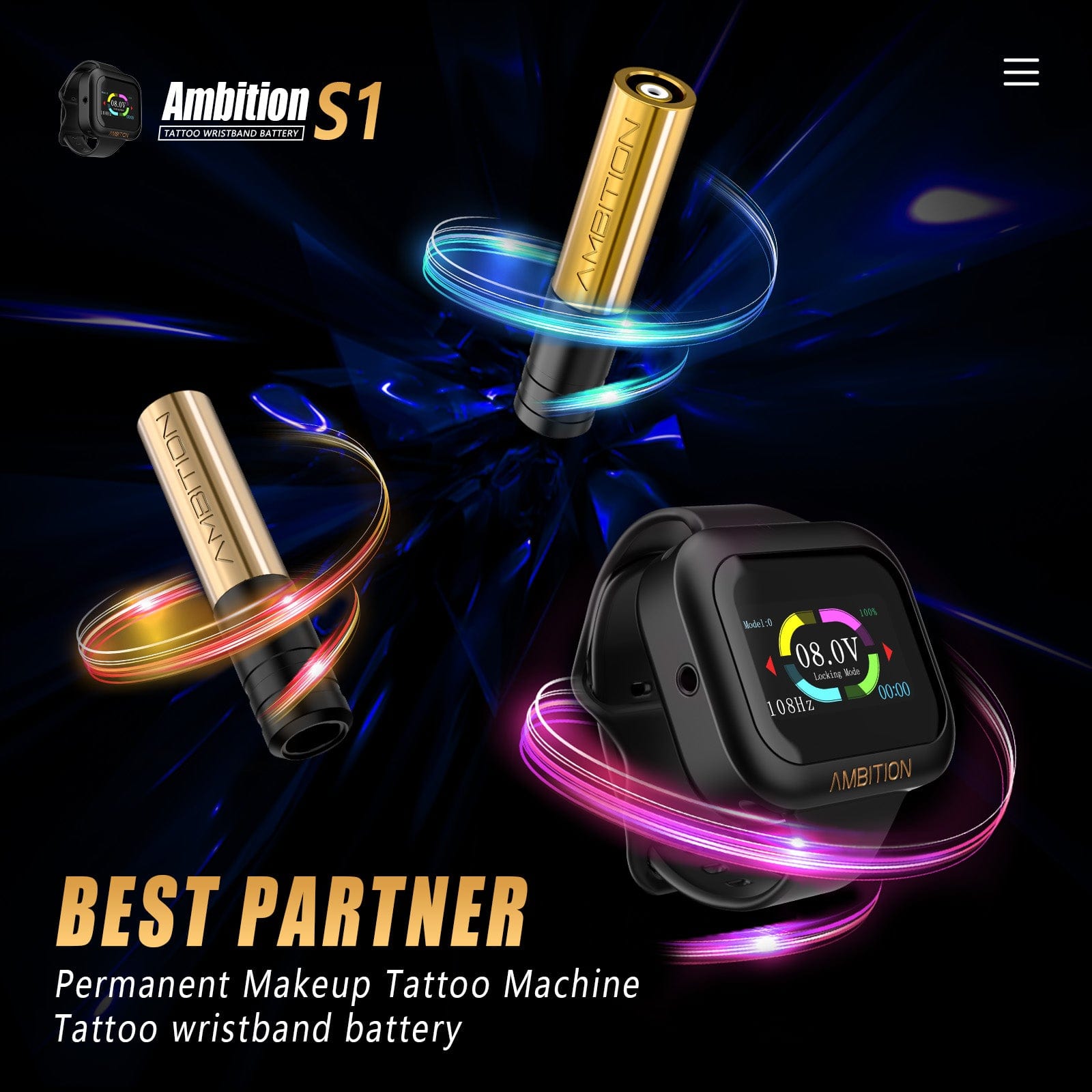 Ambition Rotary Tattoo Machine Permanent Makeup Short Pen with 1600mAh Touch Screen Tattoo Battery