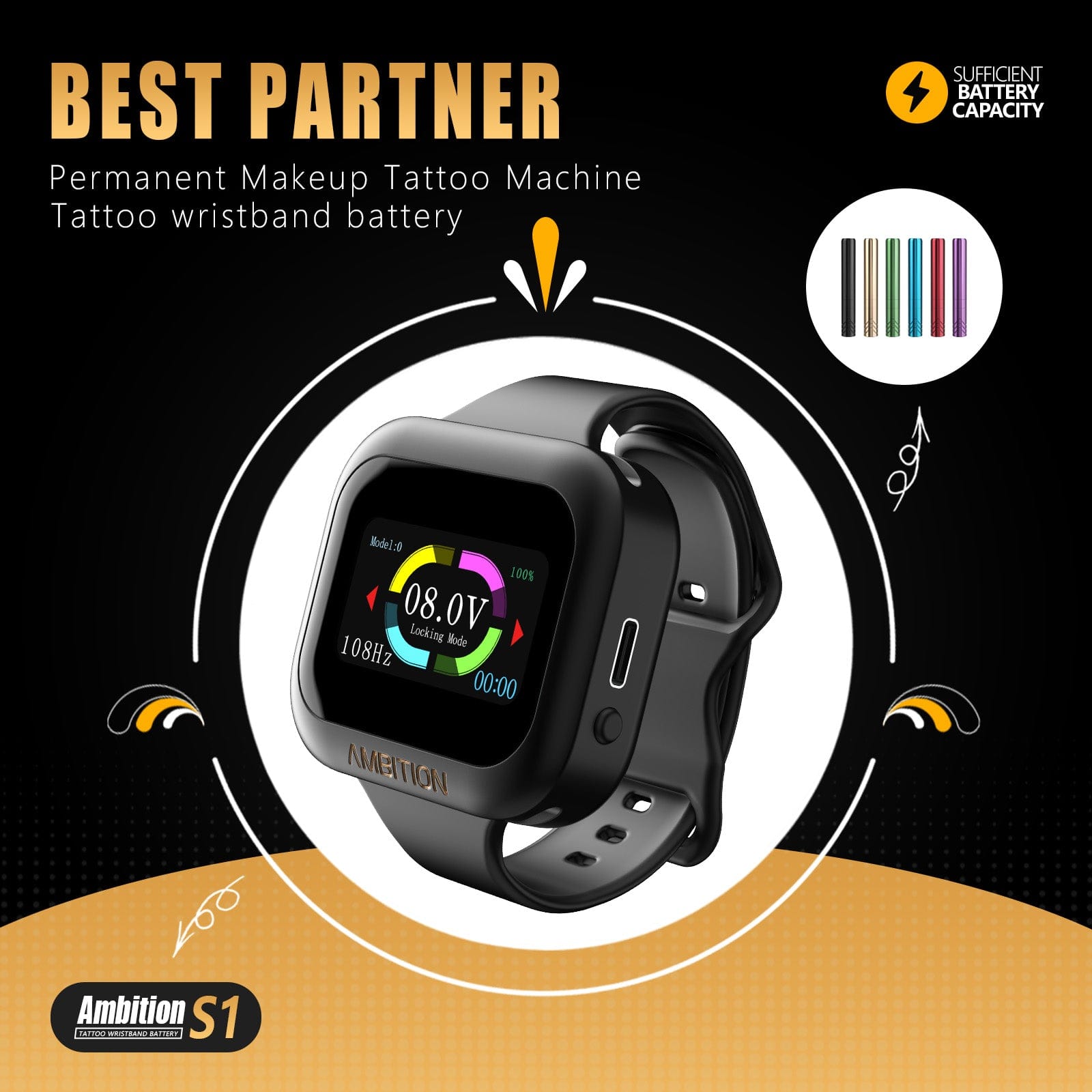 Ambition Rotary Tattoo Machine Permanent Makeup Tattoo Pen with 1600mAh Touch Screen Tattoo Battery