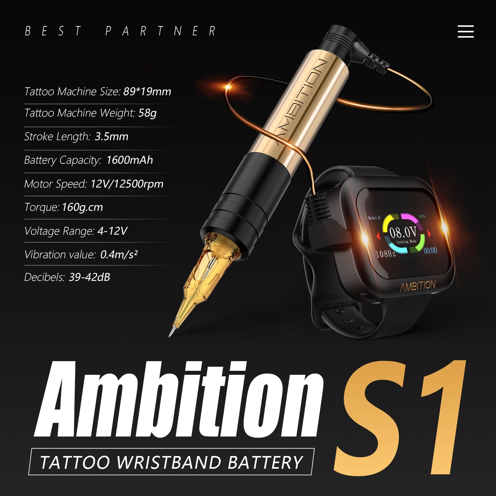 Ambition Rotary Tattoo Machine Permanent Makeup Short Pen with 1600mAh Touch Screen Tattoo Battery