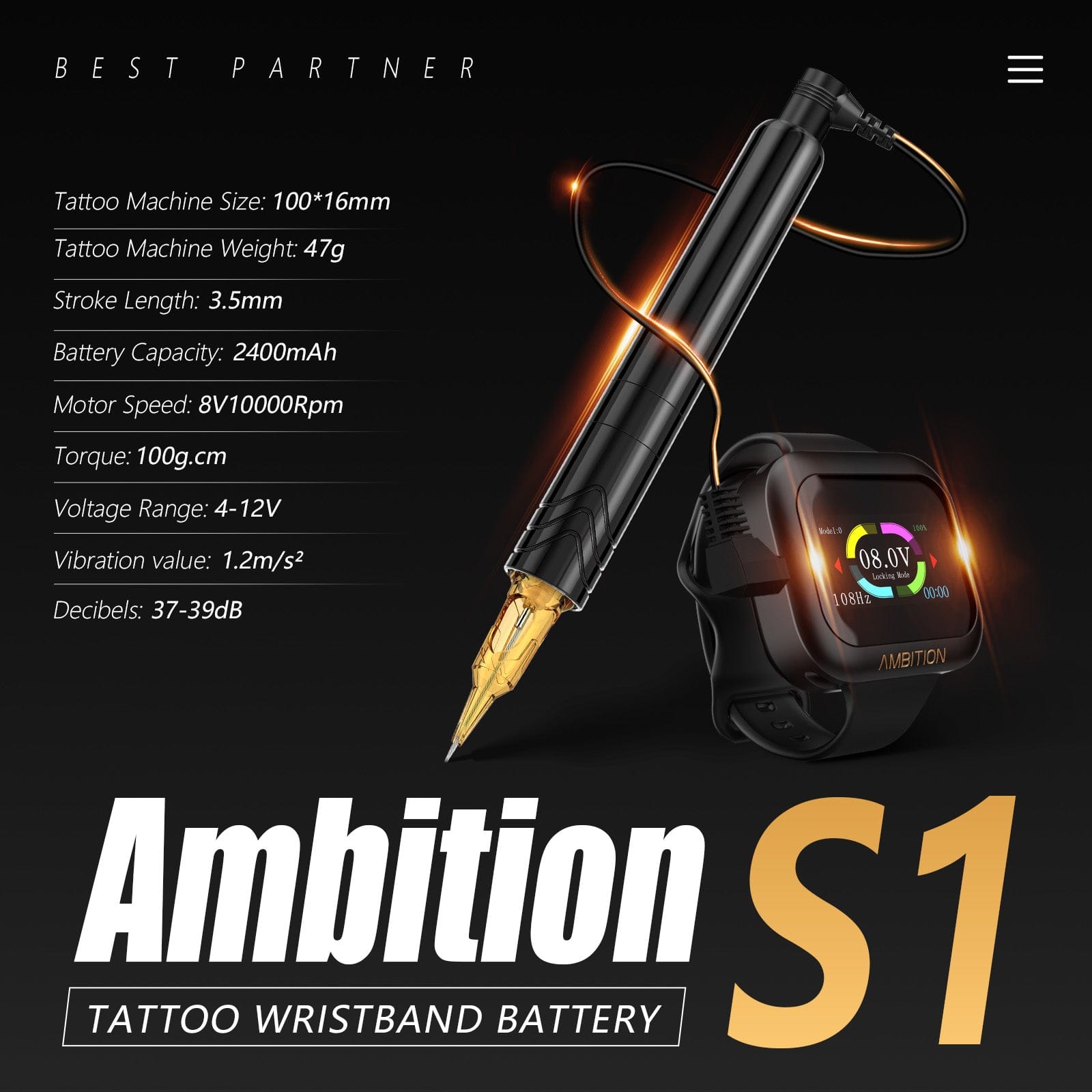 Ambition Rotary Tattoo Machine Permanent Makeup Tattoo Pen with 1600mAh Touch Screen Tattoo Battery