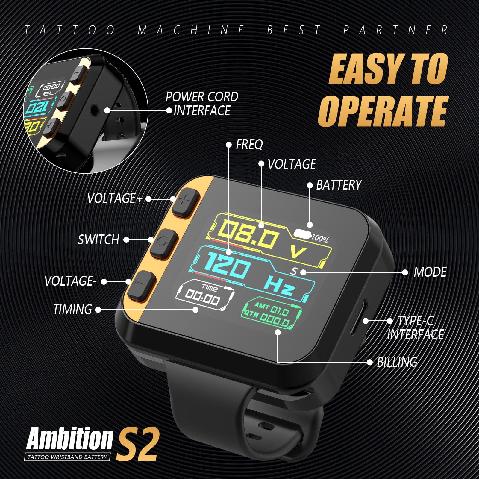 Ambition S2 Touch Screen Tattoo Battery Wristband Supply