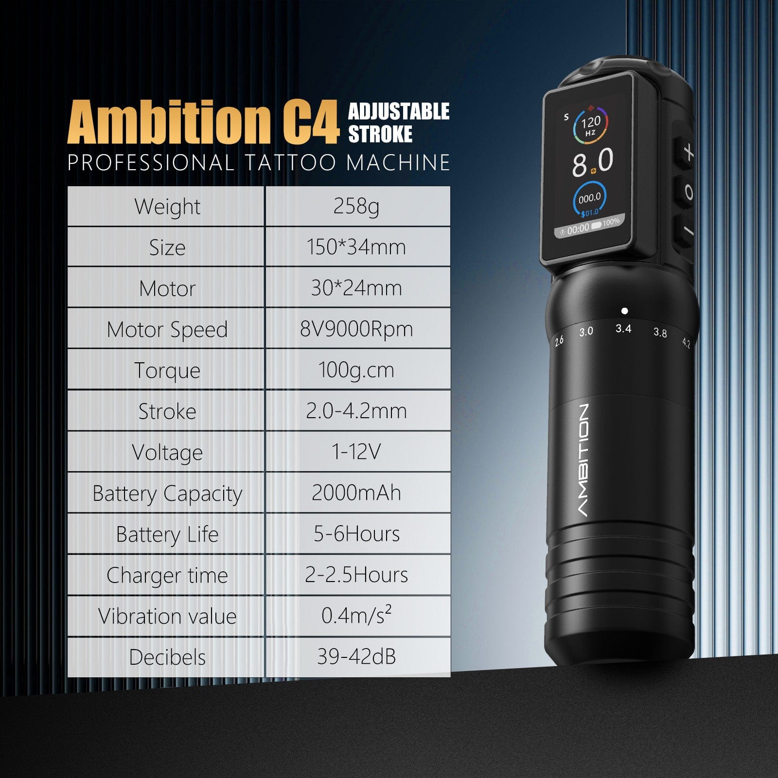Ambition C4 Wireless Tattoo Pen Machine with 7 Strokes Length 2.0mm-4.2mm