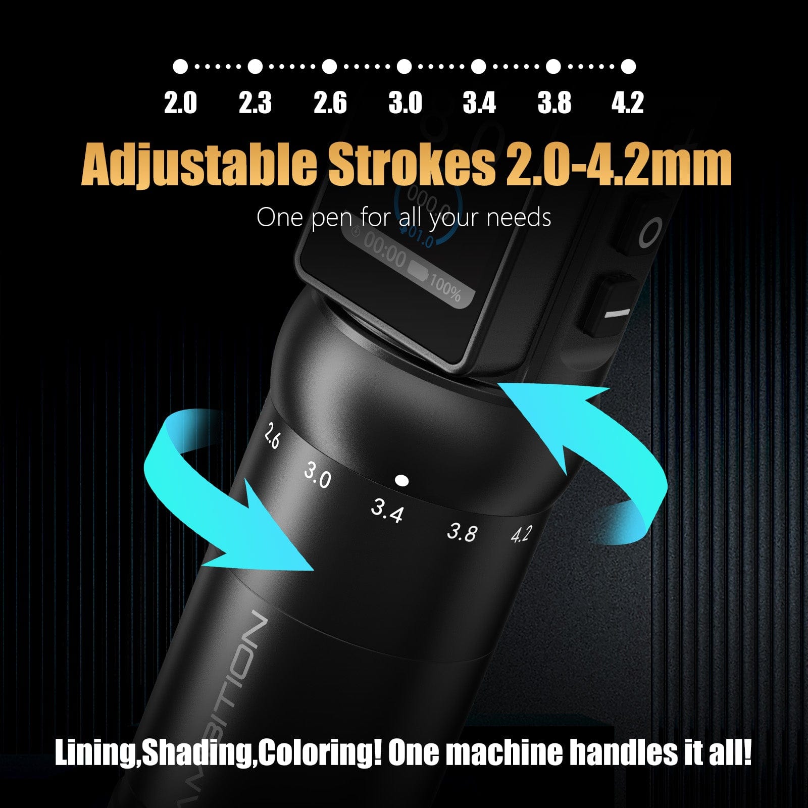 Ambition C4 Wireless Tattoo Pen Machine with 7 Strokes Length 2.0mm-4.2mm
