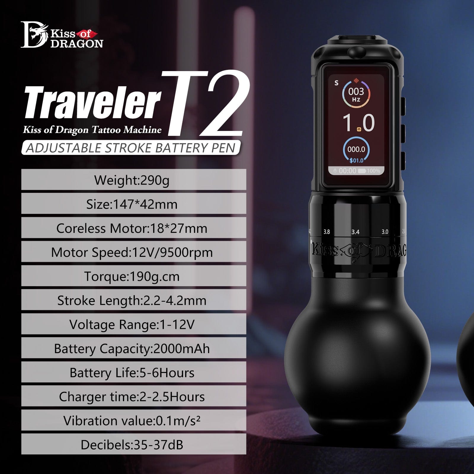 Ambition Traveler T2 Wireless Tattoo Pen Machine with 6 Strokes Length 2.2mm-4.2mm