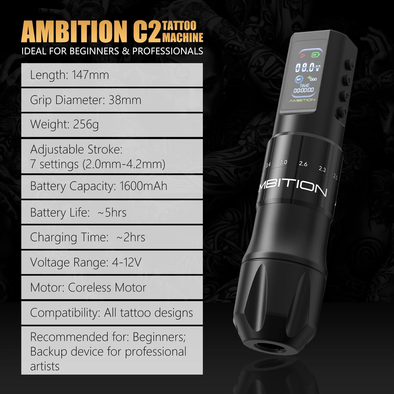 Ambition C2 Wireless Tattoo Pen Machine with 7 Strokes Length 2.0mm-4.2mm