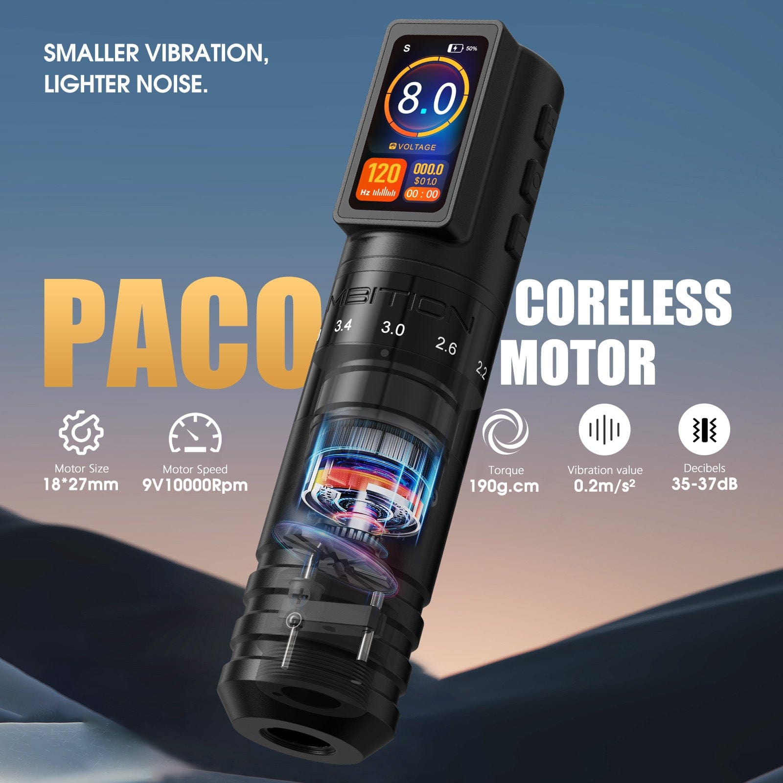 Ambition Paco Wireless Tattoo Pen Machine Adjustable Stroke 2.2-4.2mm