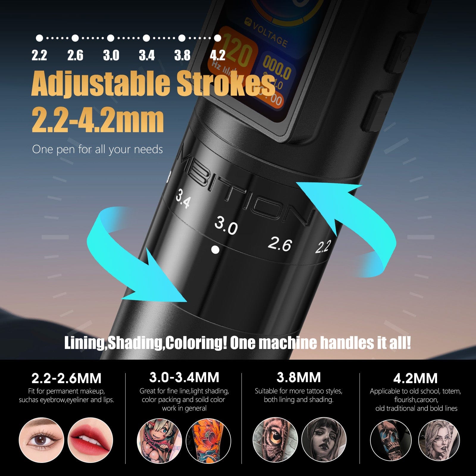 Ambition Paco Wireless Tattoo Pen Machine Adjustable Stroke 2.2-4.2mm