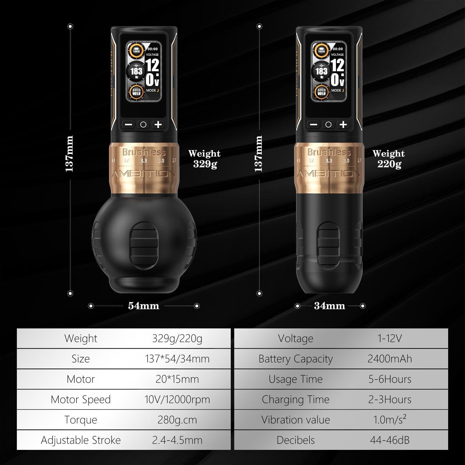 Ambition Ninja Max 280 Wireless Tattoo Pen Machine with 7 Strokes Length 2.4mm-4.5mm