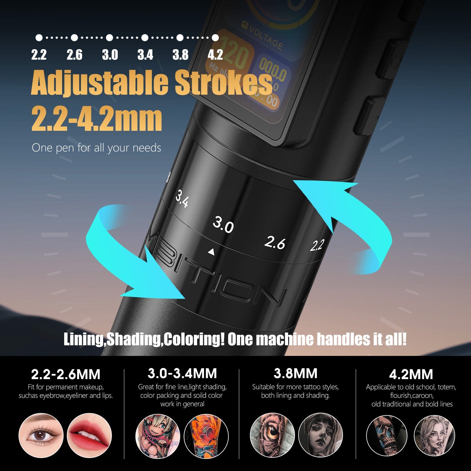 Ambition Paco Wireless Tattoo Pen Machine Adjustable Stroke 2.2-4.2mm