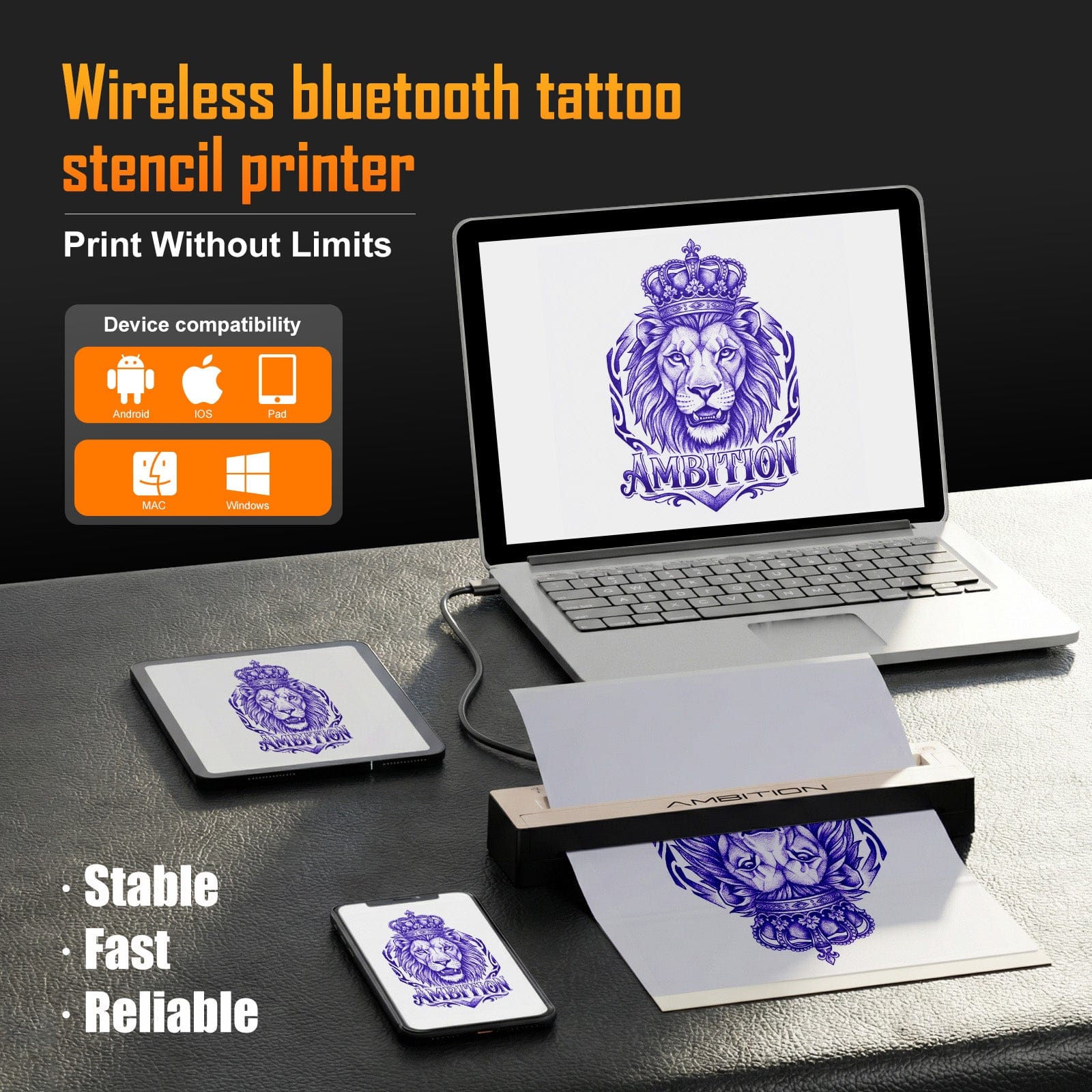 Ambition Wireless Tattoo Stencil Printer with 10Pcs Transfer Paper