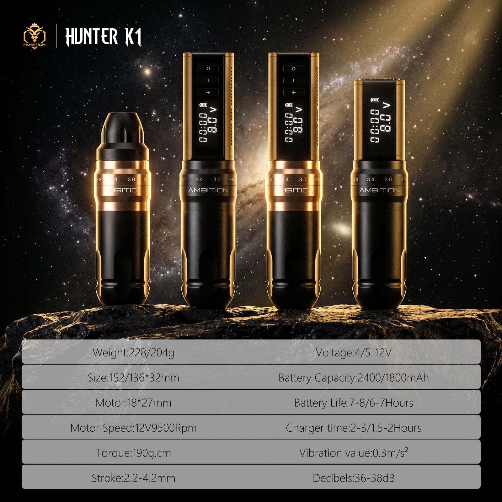 Ambition HUNTER K1 Wireless Tattoo Pen Machine with 6 Strokes Length 2.2mm-4.2mm