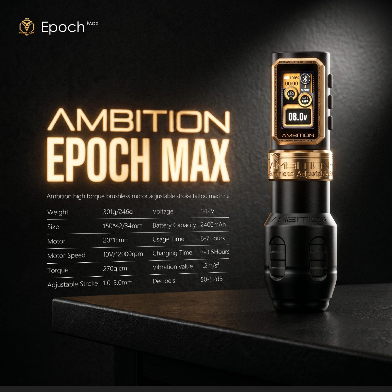 Ambition Epoch Max Wireless Tattoo Pen Machine with 9 Strokes Length 1.0mm-5.0mm