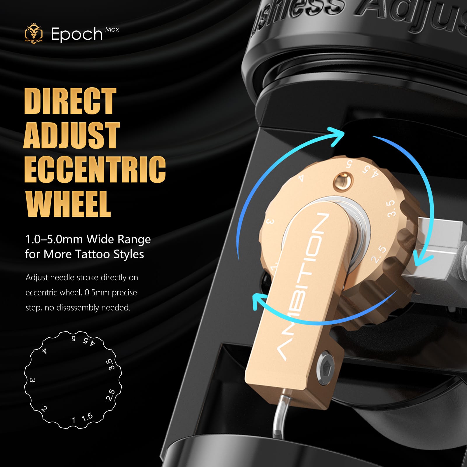 Ambition Epoch Max Wireless Tattoo Pen Machine with 9 Strokes Length 1.0mm-5.0mm