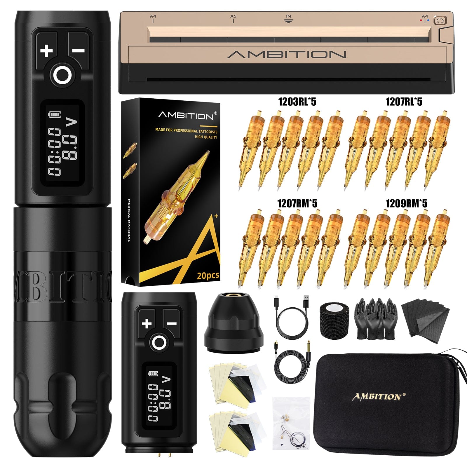 Ambition Soldier Wireless Tattoo Machine Kit with G1 Stencil Printer