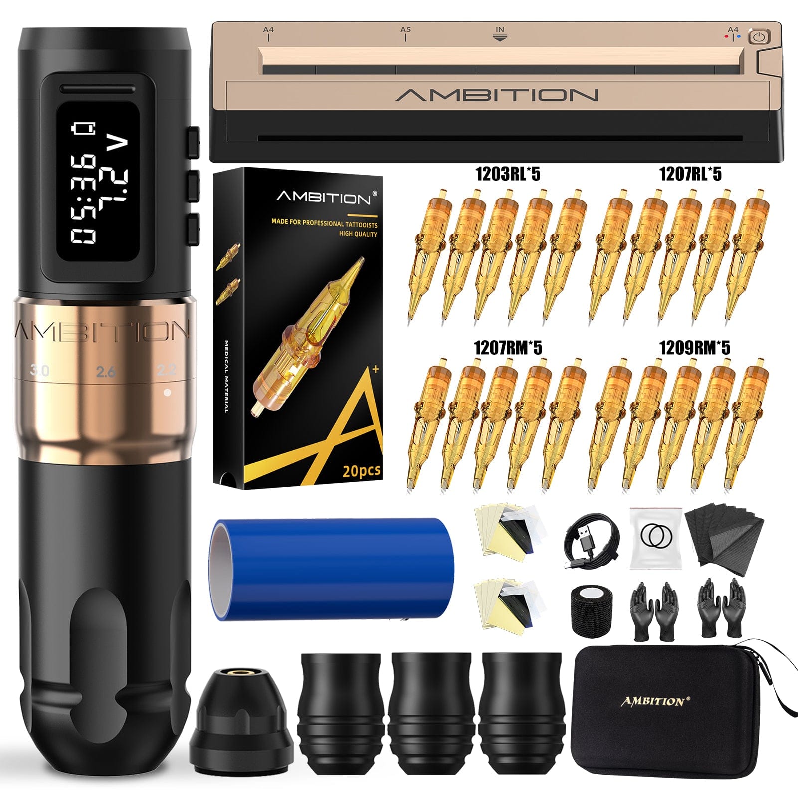 Ambition Mars-U Wireless Tattoo Machine + Tattoo Stencil Printer Full Kit