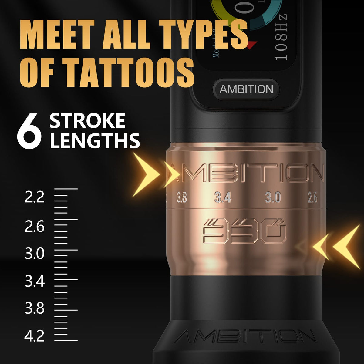 Ambition Seher Plus Wireless Tattoo Pen Machine with 6 Strokes Length 2.2mm-4.2mm