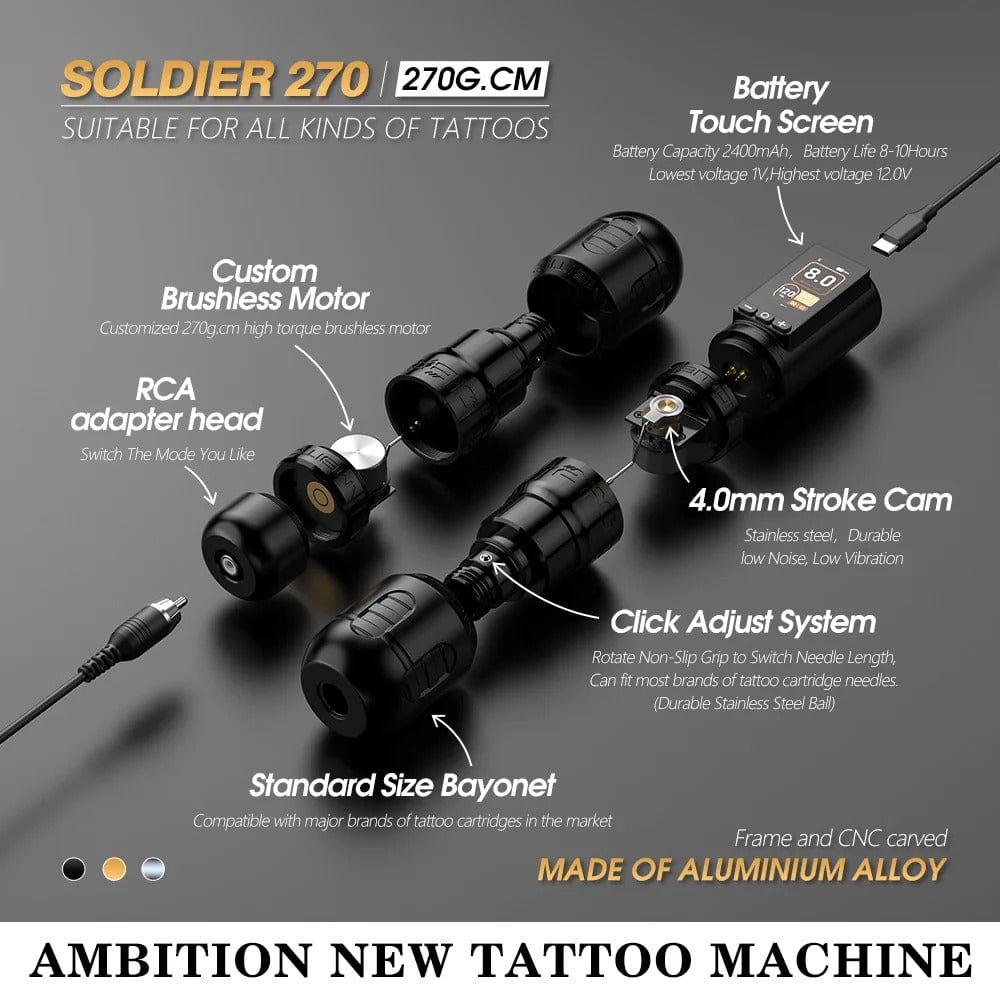 Tattoo Kit | Ambition Soldier 270 Wireless Tattoo Machine Kit