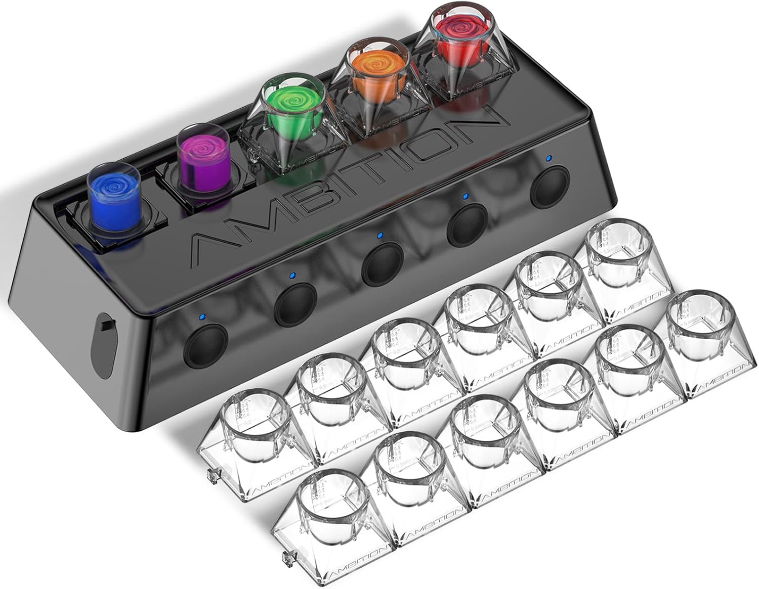 Ambition A1 Tattoo Ink Mixer with 12 Color Cups, 200 Mixing Sticks 5 Independent switches 2400 mAh Power Supply