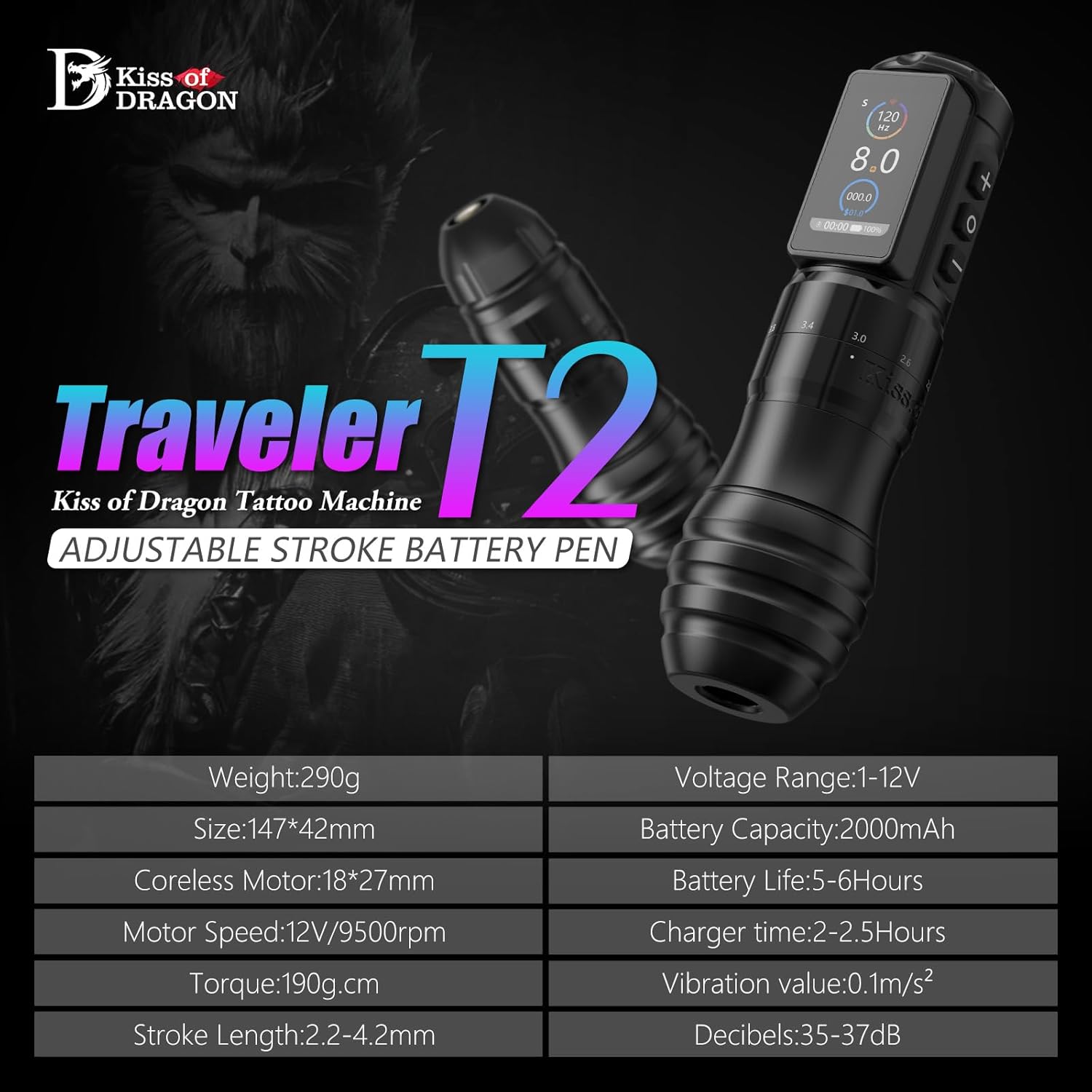 Kiss Of Dragon TRAVELER-T2 Wireless Tattoo Pen Machine with 6 Strokes Length 2.2mm-4.2mm