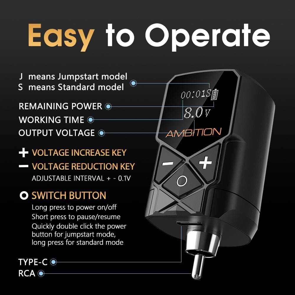 Ambition Shura Rotary Tattoo Machine with Kuark Wireless Tattoo Battery Kit
