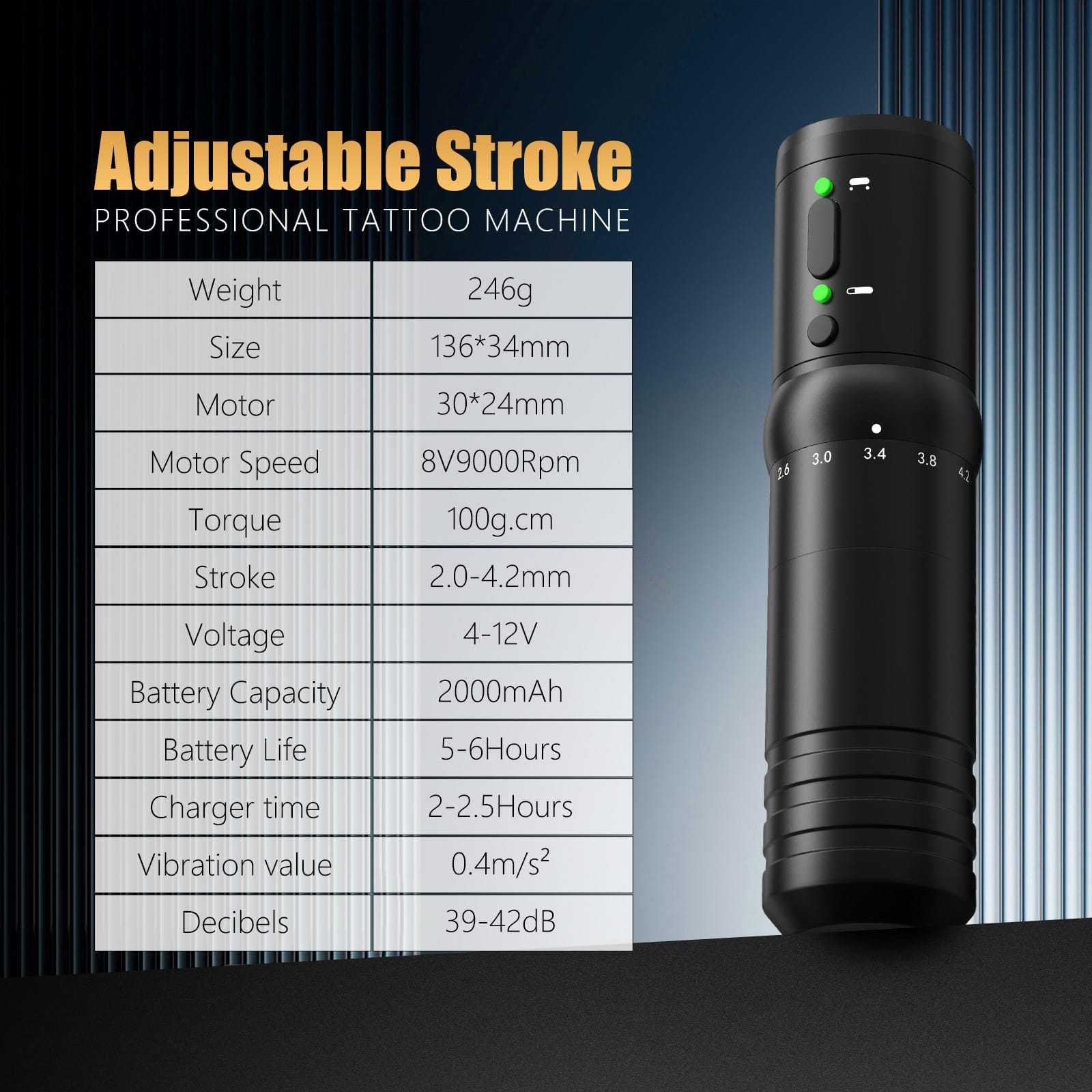 Ambition Flash Wireless Tattoo Machine Adjustable Stroke 2.0-4.2mm