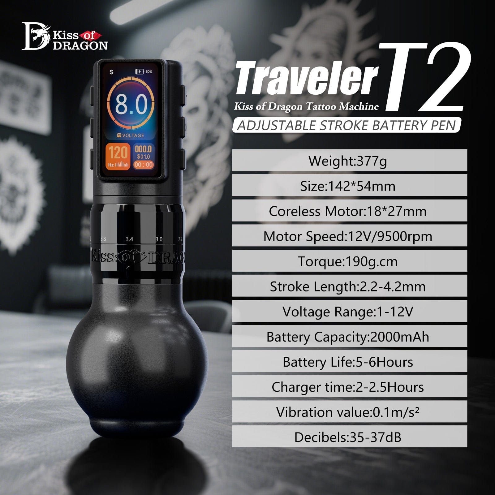 Ambition Traveler-T2 Adjustable Stroke Wireless Tattoo Pen Machine with 6 Strokes Length 2.2mm-4.2mm