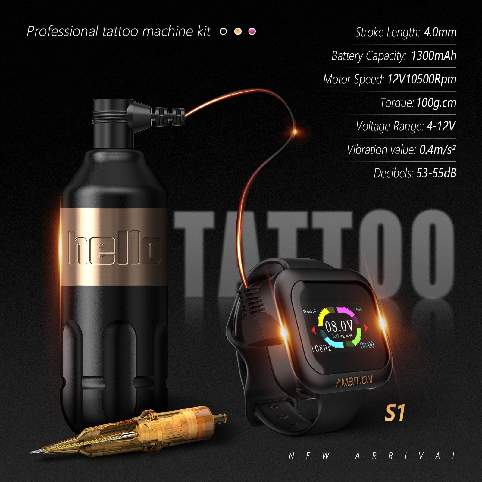 Ambition Hello Rotary Tattoo Machine Short Pen with 1300mAh Touch Screen Tattoo Battery