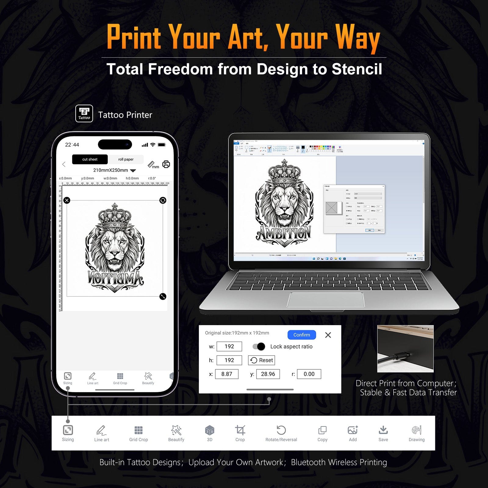 Ambition Wireless Tattoo Stencil Printer with 10Pcs Transfer Paper