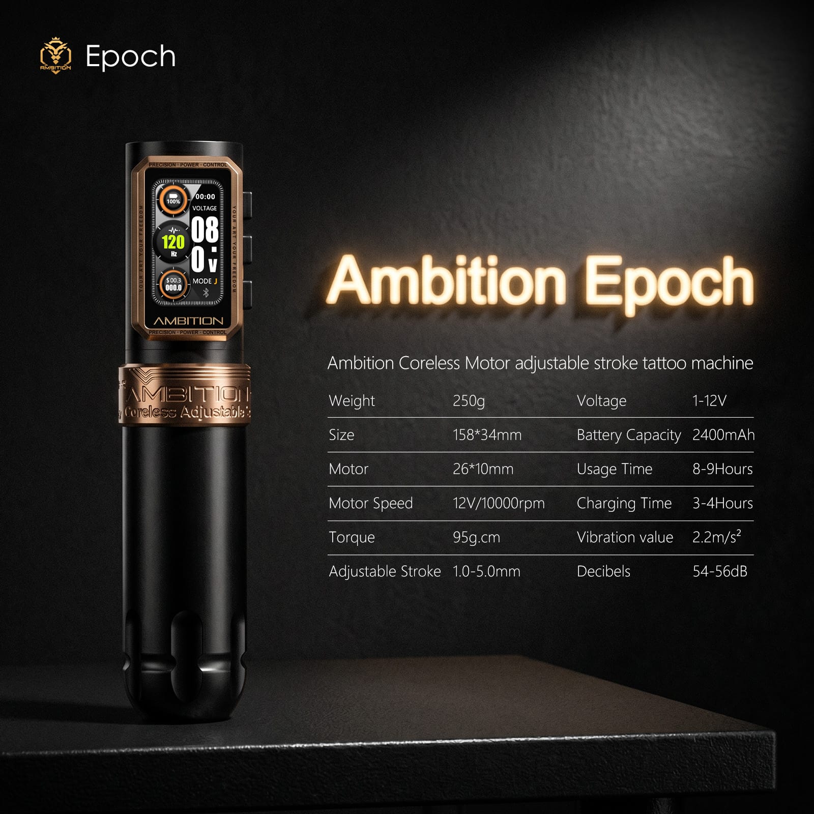 Ambition Epoch Wireless Tattoo Pen Machine with 9 Strokes Length 1.0mm