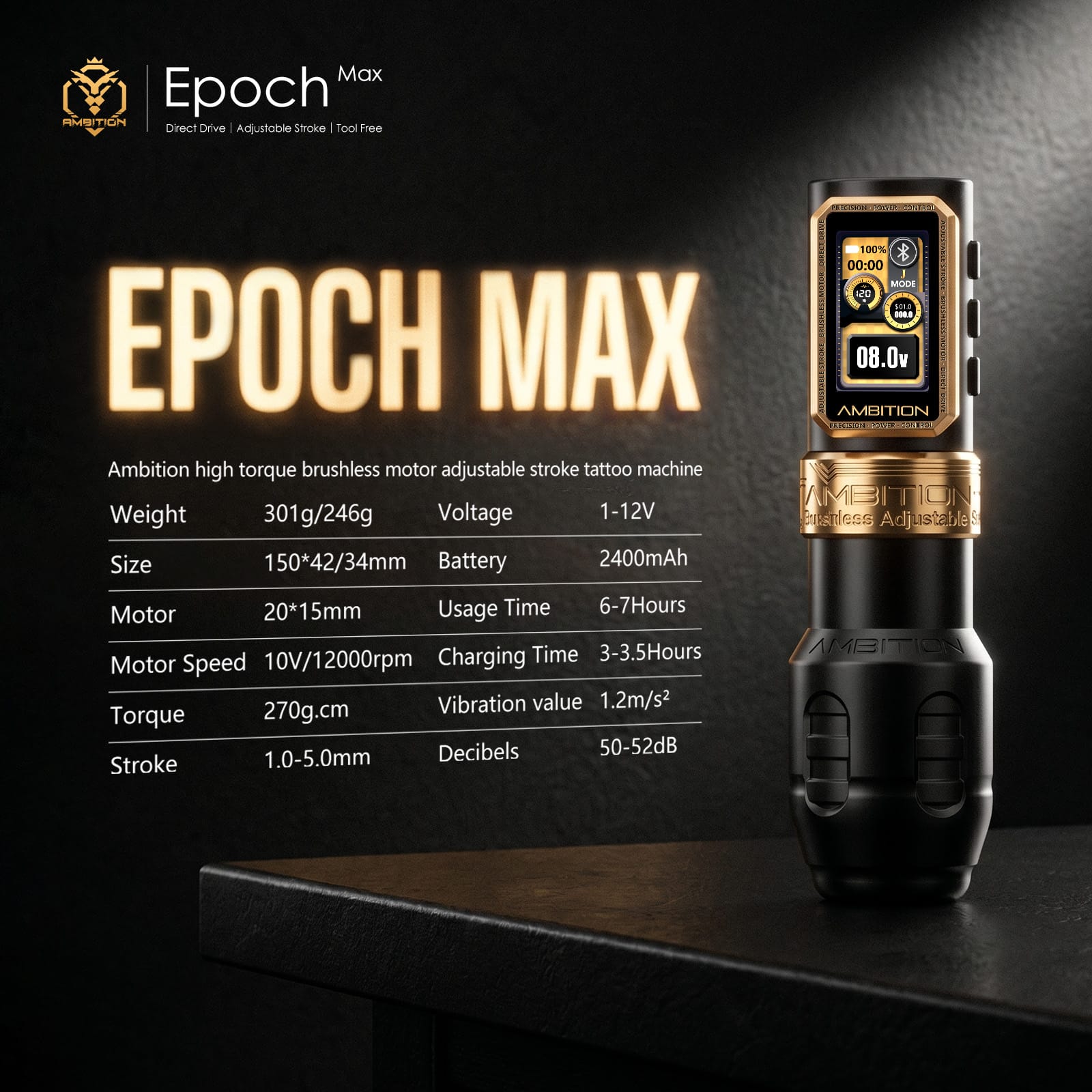 Ambition Epoch Max Wireless Tattoo Pen Machine with 9 Strokes Length 1.0mm-5.0mm