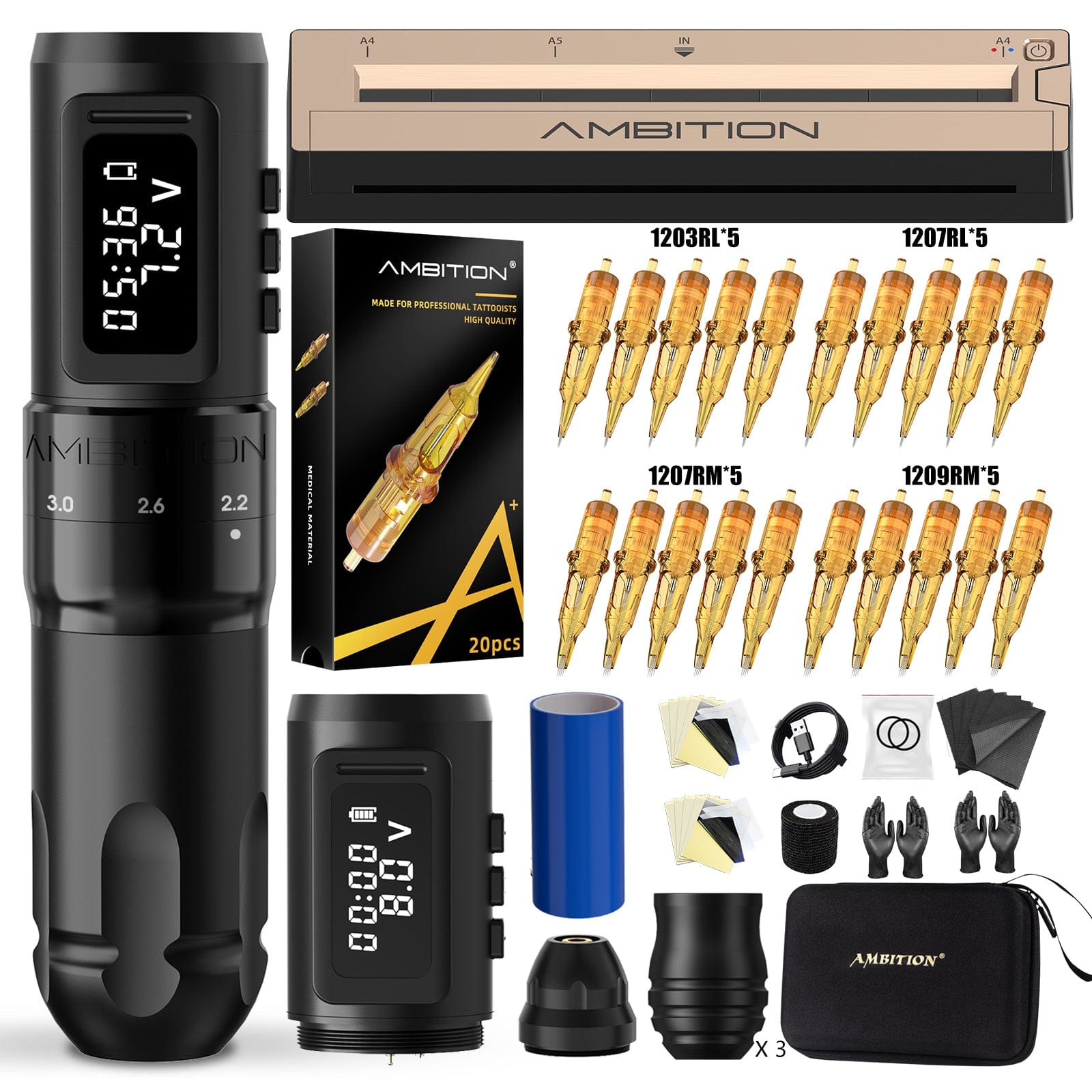 Ambition Mars-U Wireless Tattoo Machine + Tattoo Stencil Printer Full Kit