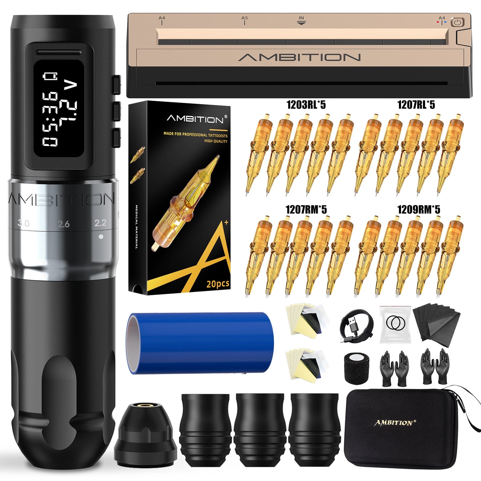 Ambition Mars-U Wireless Tattoo Machine + Tattoo Stencil Printer Full