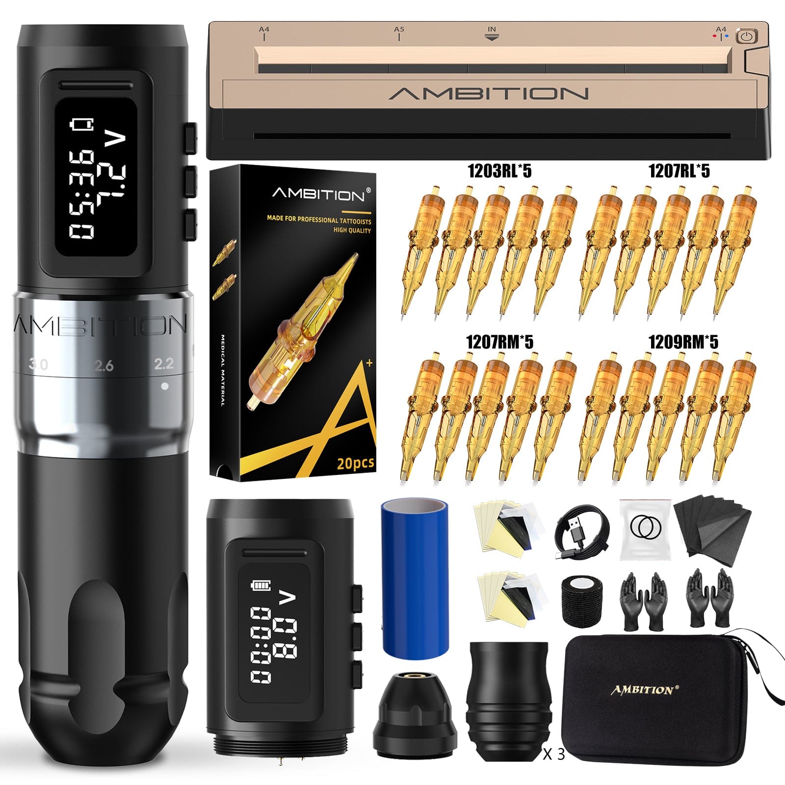 Ambition Mars-U Wireless Tattoo Machine + Tattoo Stencil Printer Full