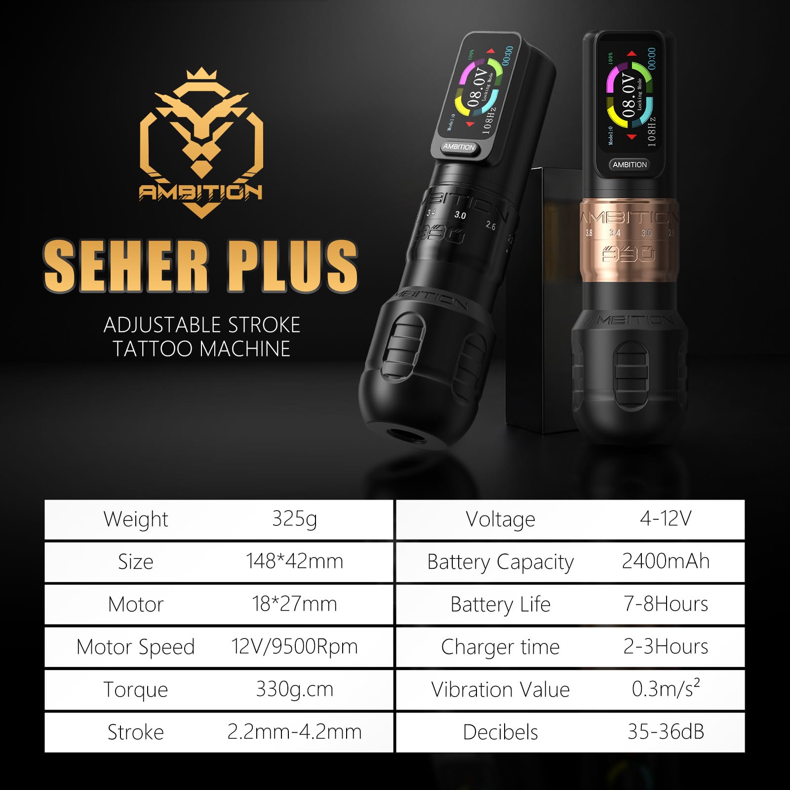 Ambition Seher Plus Wireless Tattoo Pen Machine with 6 Strokes Length 2.2mm-4.2mm